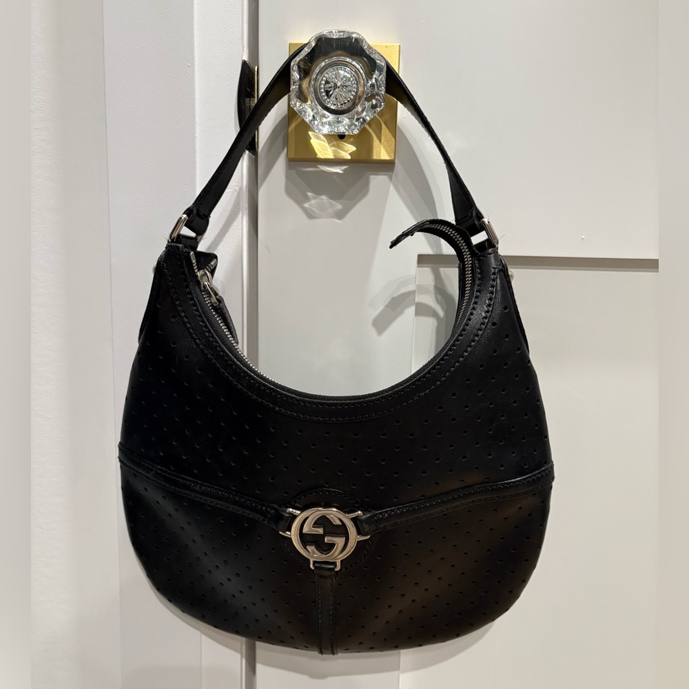 Gucci perforated black leather reigns hobo shoulder bag